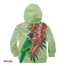 Australia Bottlebrush And Lorikeets Kid Hoodie Aboriginal Art Watercolor Style