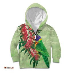 Australia Bottlebrush And Lorikeets Kid Hoodie Aboriginal Art Watercolor Style