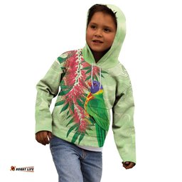 Australia Bottlebrush And Lorikeets Kid Hoodie Aboriginal Art Watercolor Style