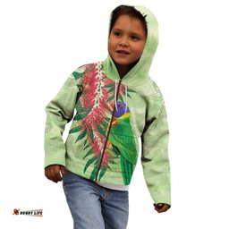 Australia Bottlebrush And Lorikeets Kid Hoodie Aboriginal Art Watercolor Style