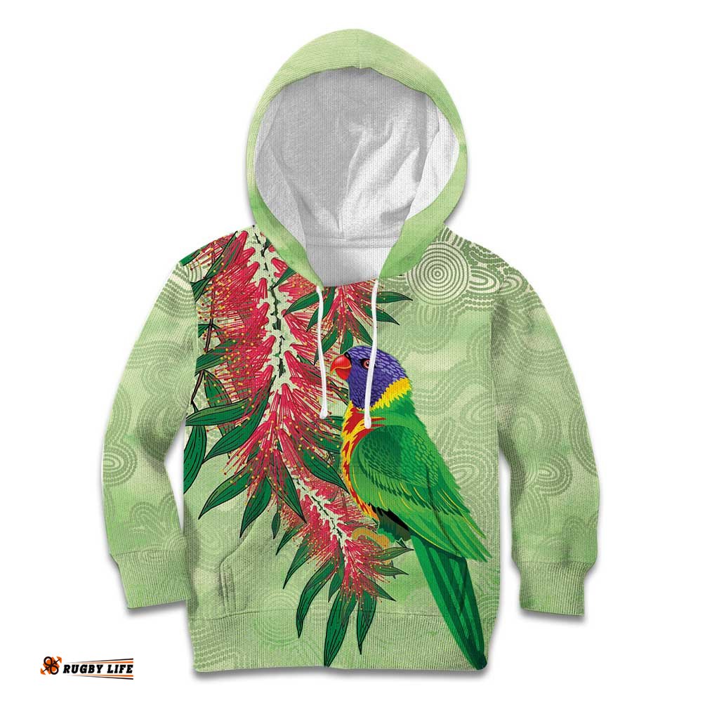 Australia Bottlebrush And Lorikeets Kid Hoodie Aboriginal Art Watercolor Style