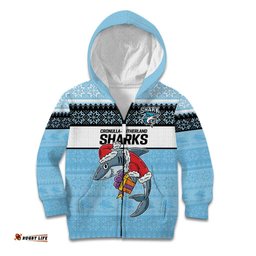 NRL Cronulla Sutherland Christmas Personalised Kid Hoodie with Sharkies Santa
