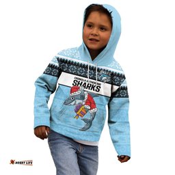 NRL Cronulla Sutherland Christmas Personalised Kid Hoodie with Sharkies Santa
