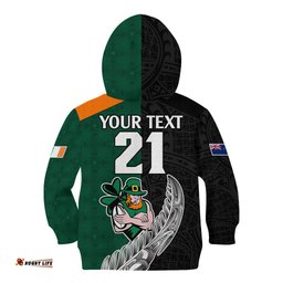 Custom New Zealand Ireland Rugby Kid Hoodie Warrior Black Fern and Shamrocks World Cup