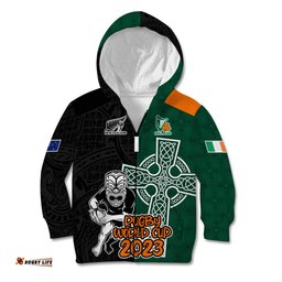Custom New Zealand Ireland Rugby Kid Hoodie Warrior Black Fern and Shamrocks World Cup