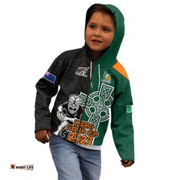 Custom New Zealand Ireland Rugby Kid Hoodie Warrior Black Fern and Shamrocks World Cup