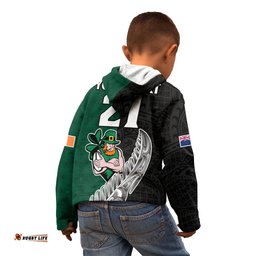 Custom New Zealand Ireland Rugby Kid Hoodie Warrior Black Fern and Shamrocks World Cup