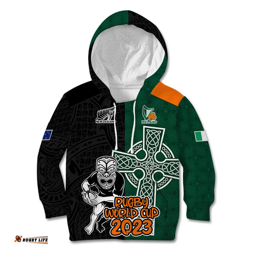 Custom New Zealand Ireland Rugby Kid Hoodie Warrior Black Fern and Shamrocks World Cup