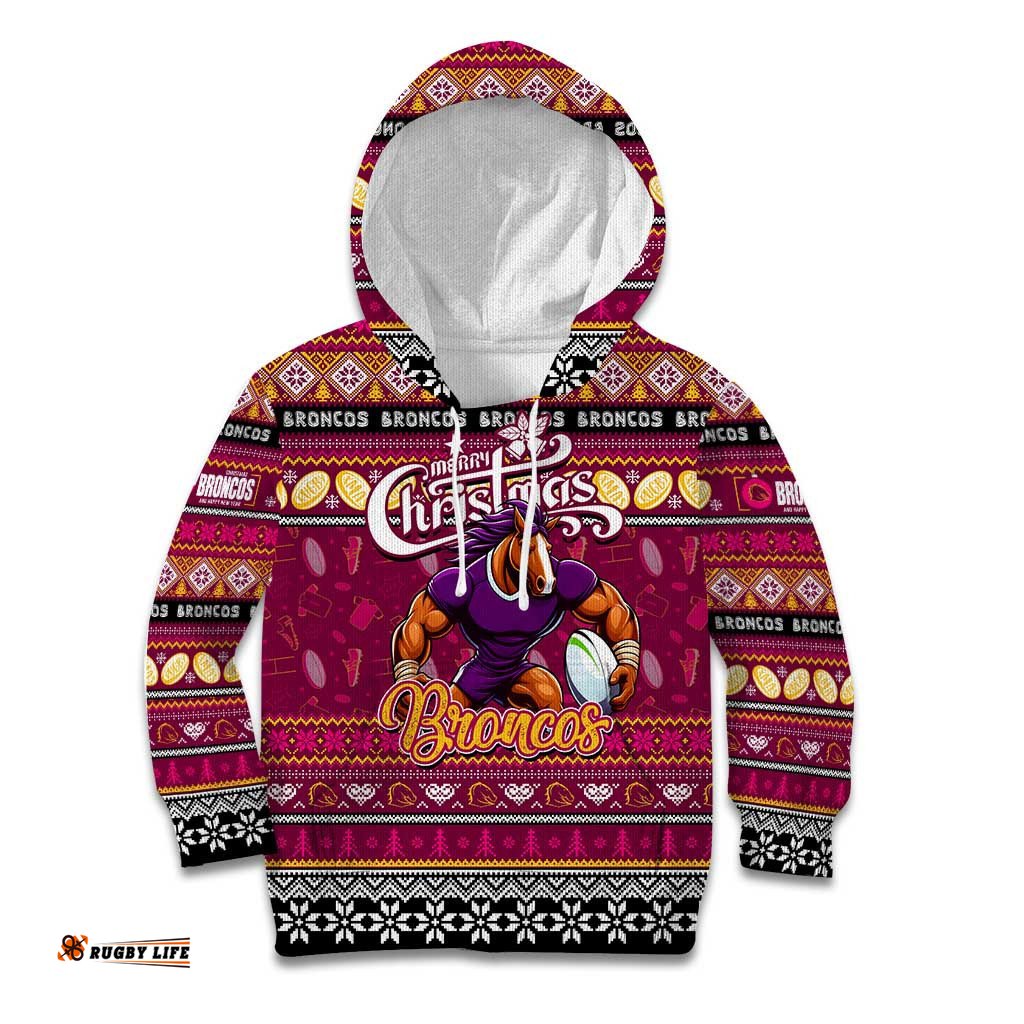 Personalized Broncos Rugby Xmas Kid Hoodie Australia NRL Mascot