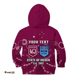 Personalised QLD Maroons and NSW Blues Rugby Kid Hoodie State of Origin Indigenous Maroon