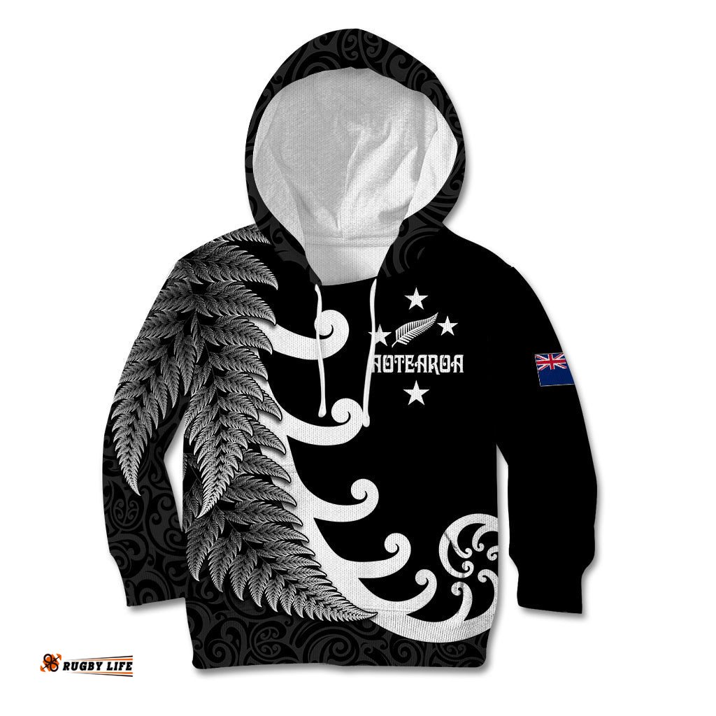 Personalised New Zealand Rugby Kid Hoodie Aotearoa Silver Fern Koru Maori Style