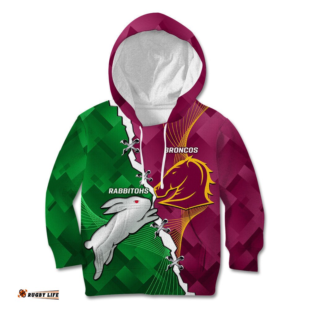 Personalised Broncos And Rabbitohs Kid Hoodie 2024 Together Dynamic Style