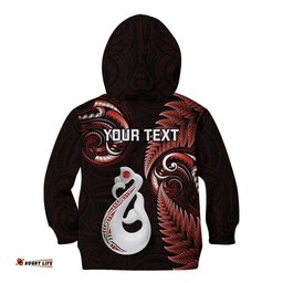 Personalised New Zealand Kid Hoodie Aotearoa Silver Fern With Manaia Maori Unique Red