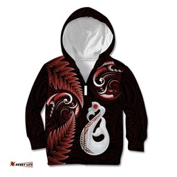 Personalised New Zealand Kid Hoodie Aotearoa Silver Fern With Manaia Maori Unique Red