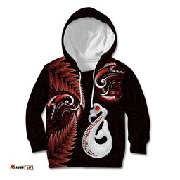 Personalised New Zealand Kid Hoodie Aotearoa Silver Fern With Manaia Maori Unique Red