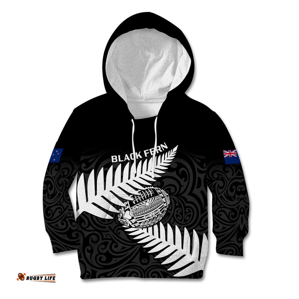 Personalised Aotearoa Rugby Kid Hoodie Go Black Fern Pacific NZ Maori