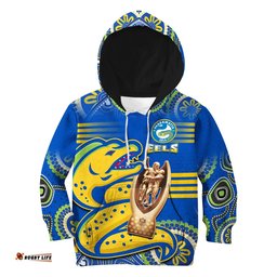 Custom Text And Number Parramatta Rugby Hoodie KID Eels Premiers Indigenous Artsy