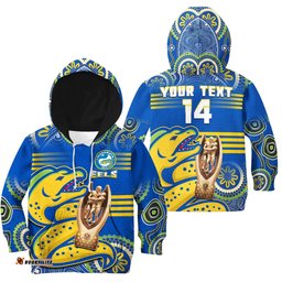 Custom Text And Number Parramatta Rugby Hoodie KID Eels Premiers Indigenous Artsy