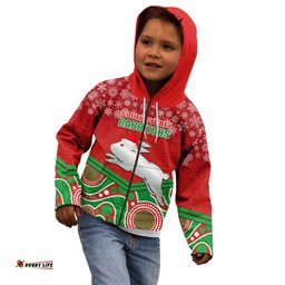 Custom Rabbitohs Rugby Christmas Kid Hoodie Merry Xmas Mix Aboriginal Art