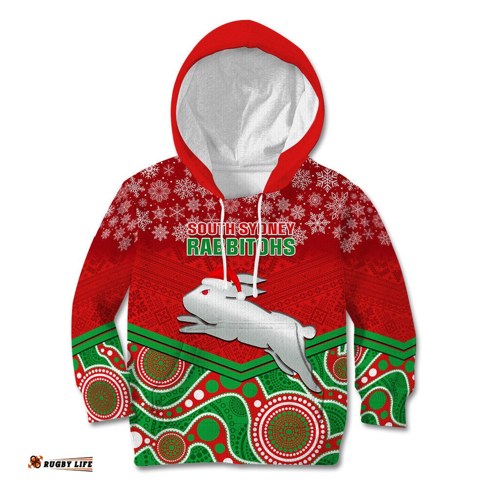 Custom Rabbitohs Rugby Christmas Kid Hoodie Merry Xmas Mix Aboriginal Art