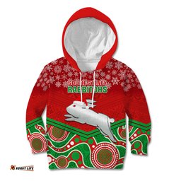 Custom Rabbitohs Rugby Christmas Kid Hoodie Merry Xmas Mix Aboriginal Art