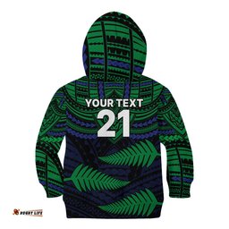 Custom Warriors Rugby Kid Hoodie Aotearoa Fern Polynesian Pattern