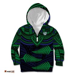Custom Warriors Rugby Kid Hoodie Aotearoa Fern Polynesian Pattern