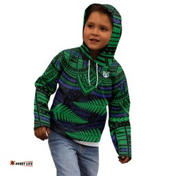Custom Warriors Rugby Kid Hoodie Aotearoa Fern Polynesian Pattern