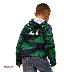 Custom Warriors Rugby Kid Hoodie Aotearoa Fern Polynesian Pattern