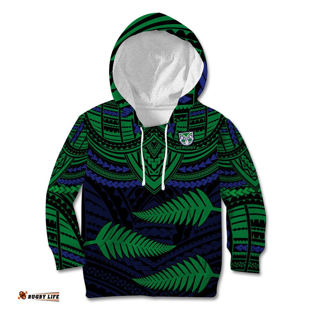 Custom Warriors Rugby Kid Hoodie Aotearoa Fern Polynesian Pattern
