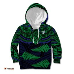 Custom Warriors Rugby Kid Hoodie Aotearoa Fern Polynesian Pattern