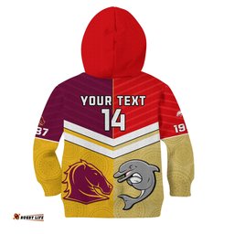 Personalised Dolphins Mix Broncos Rugby Kid Hoodie Indigenous Art