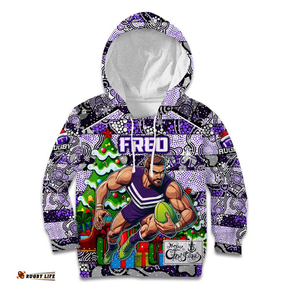 Custom Freo Football Merry Christmas Kid Hoodie Indigenous Australian Art