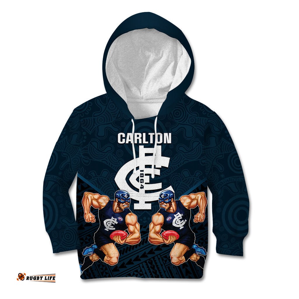 Personalised Calrton Football Kid Hoodie Blues Go Champions Polynesian Indigenous Art