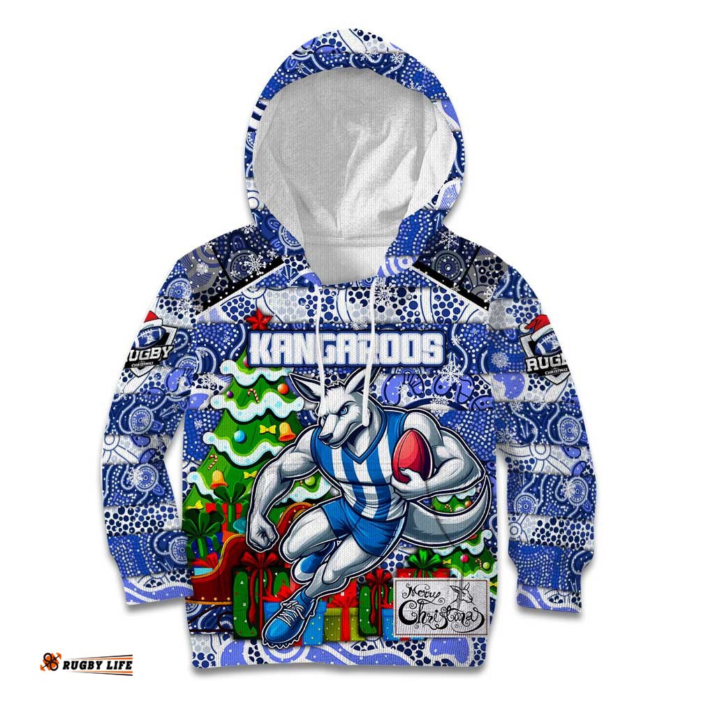 Custom Kangaroos Football Merry Christmas Kid Hoodie Indigenous Australian Art