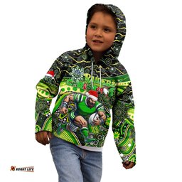 Merry Christmas Raiders Kid Hoodie Aboriginal Santa Rugby Mascot Canberra
