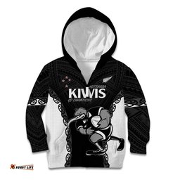 Aotearoa Rugby Custom Kid Hoodie Maori Kiwi Mascot Style