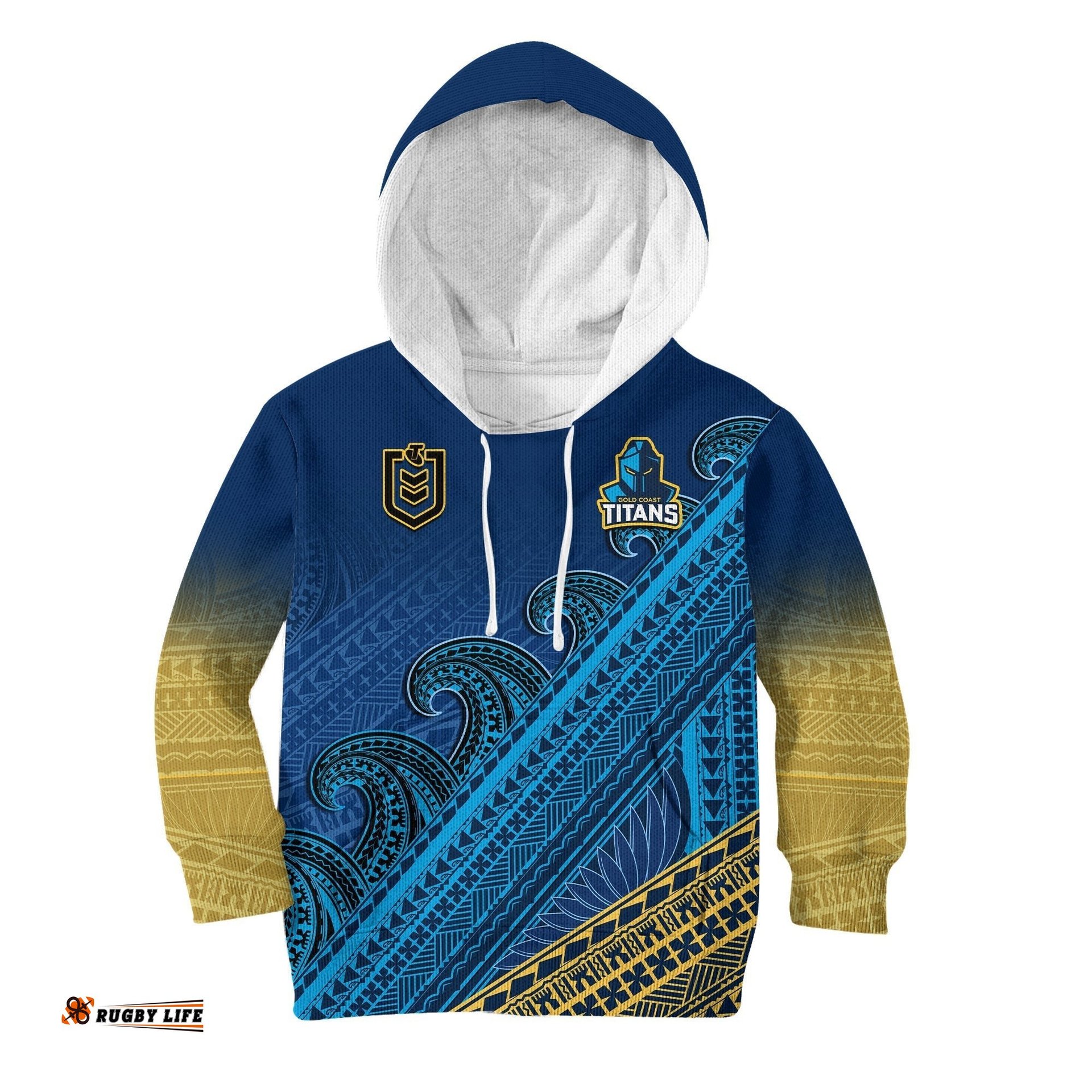 Custom Text And Number Gold Coast Titans Rugby Hoodie KID Pasifika Gradient Polynesian Pattern
