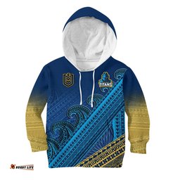 Custom Text And Number Gold Coast Titans Rugby Hoodie KID Pasifika Gradient Polynesian Pattern