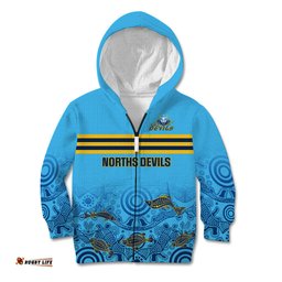 Personalised Australia Rugby Kid Hoodie Norths Devils Indigenous Art