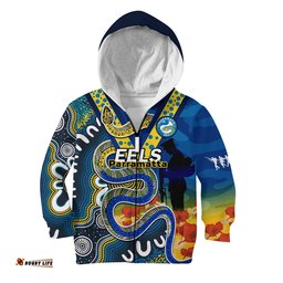 Custom Text And Number Eels Rugby ANZAC Hoodie KID Aboriginal Mix Poppy Lest We Forget