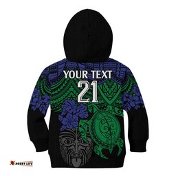 Custom New Zealand Warriors Rugby Kid Hoodie Hibiscus and Turtle With Polynesian Pattern