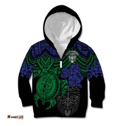 Custom New Zealand Warriors Rugby Kid Hoodie Hibiscus and Turtle With Polynesian Pattern