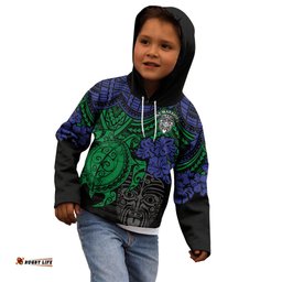 Custom New Zealand Warriors Rugby Kid Hoodie Hibiscus and Turtle With Polynesian Pattern