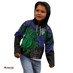 Custom New Zealand Warriors Rugby Kid Hoodie Hibiscus and Turtle With Polynesian Pattern