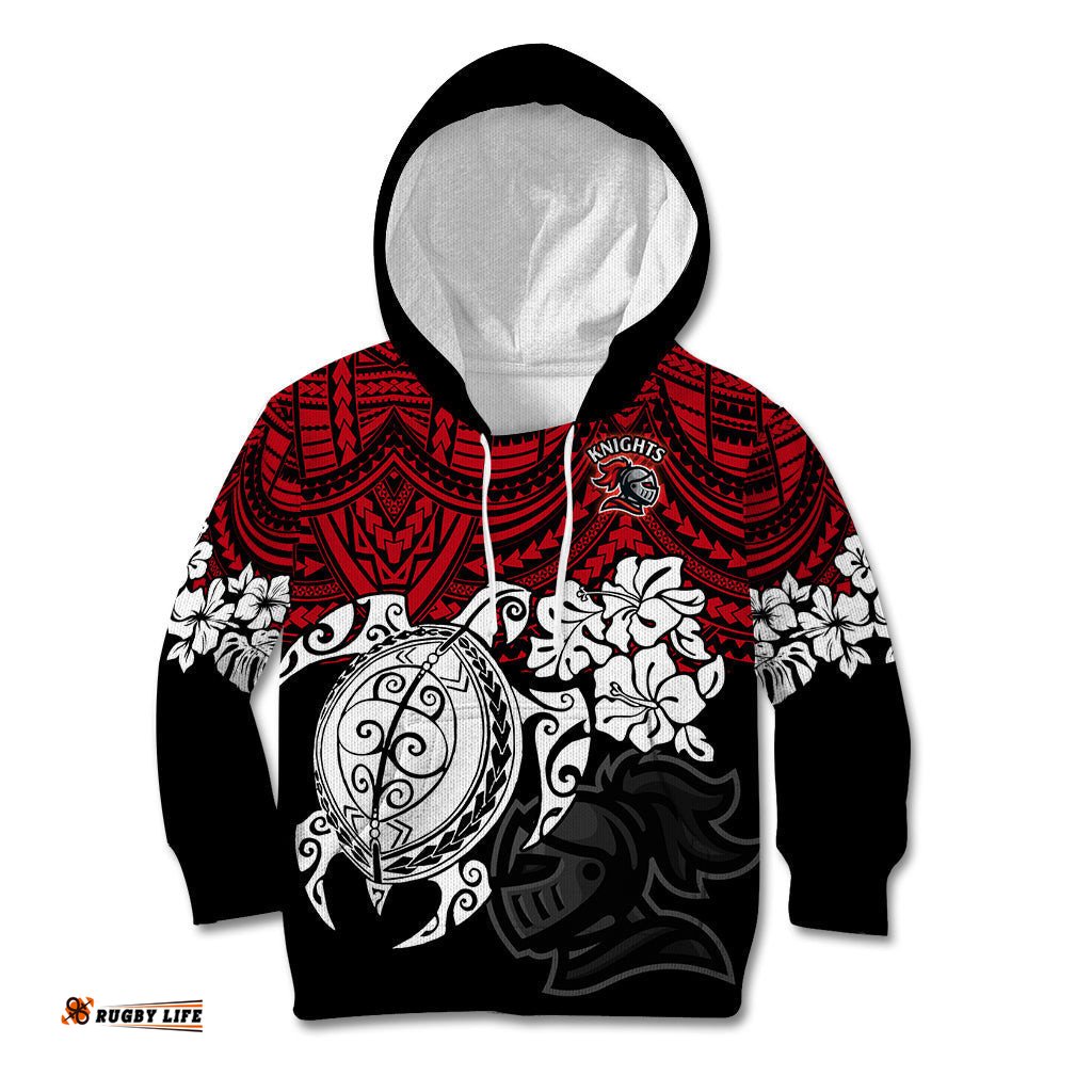 Custom Knights Rugby Kid Hoodie Novocastrians Hibiscus and Turtle With Polynesian Pattern