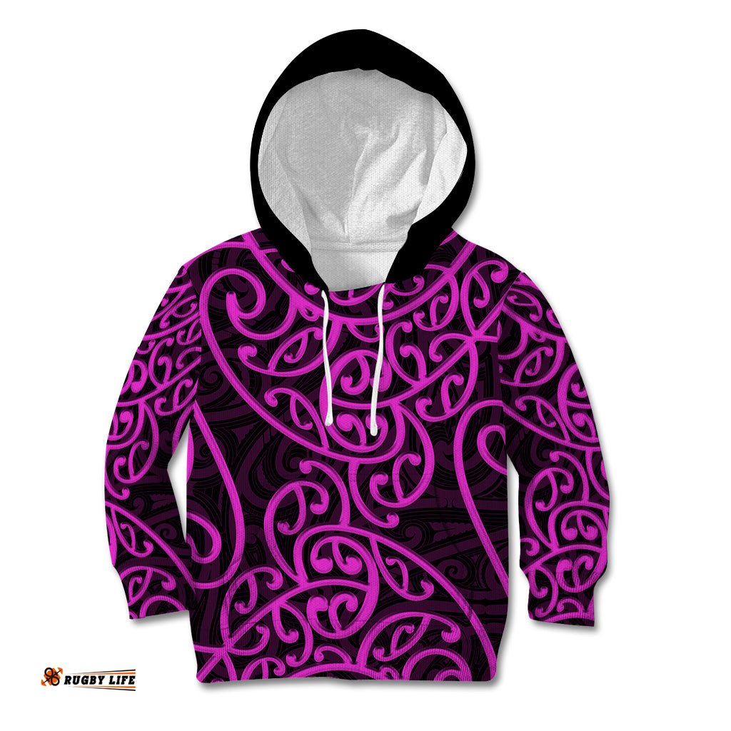 New Zealand Kid Hoodie Maori Pattern Purple