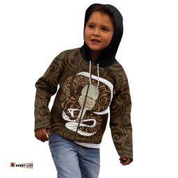 Gold New Zealand Eel Kid Hoodie Aotearoa Maori Tuna With Kotiate Weapon