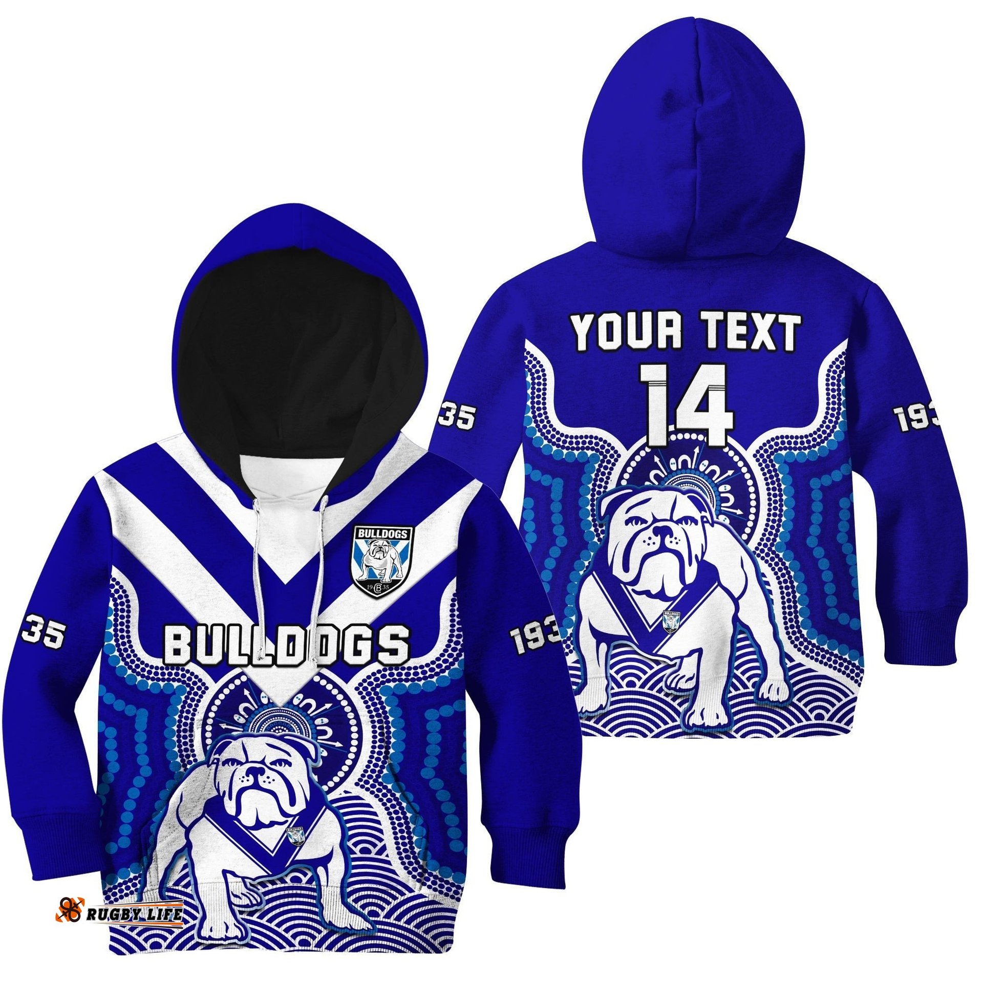 Custom Text And Number Bulldogs Rugby Hoodie KID Canterbury Bankstown 1935 Indigenous Artsy