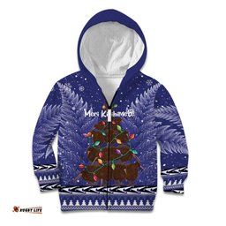 Kiwi New Zealand Christmas Kid Hoodie Meri Kirihimete Silver Fern Blue Color
